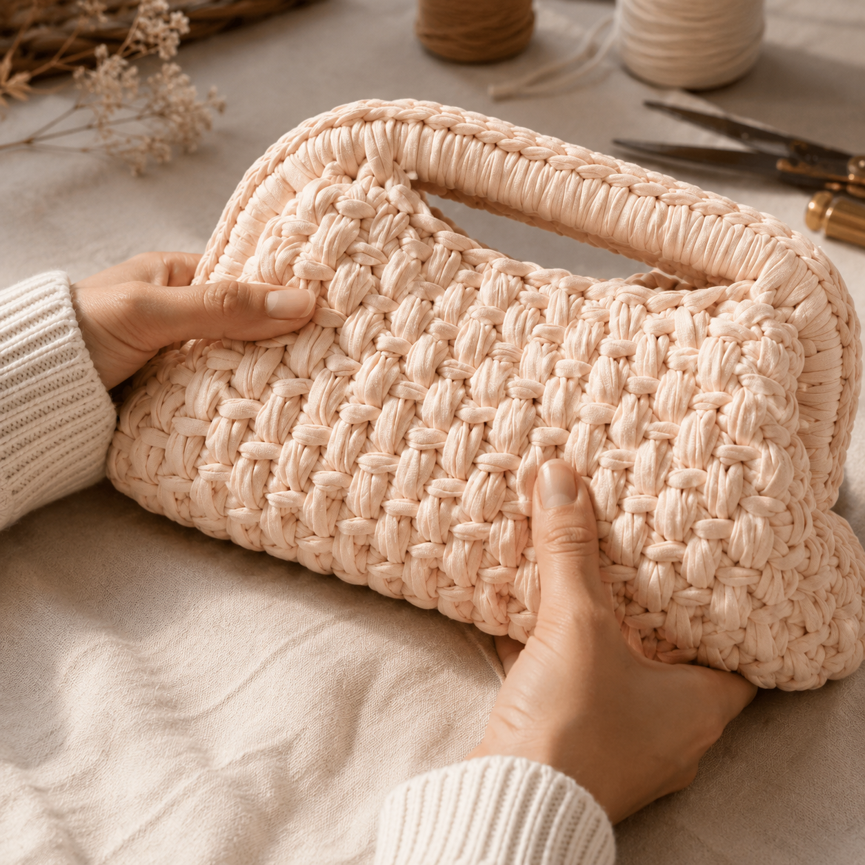 Mani che lavorano una borsa Niu Bags all’uncinetto in atelier