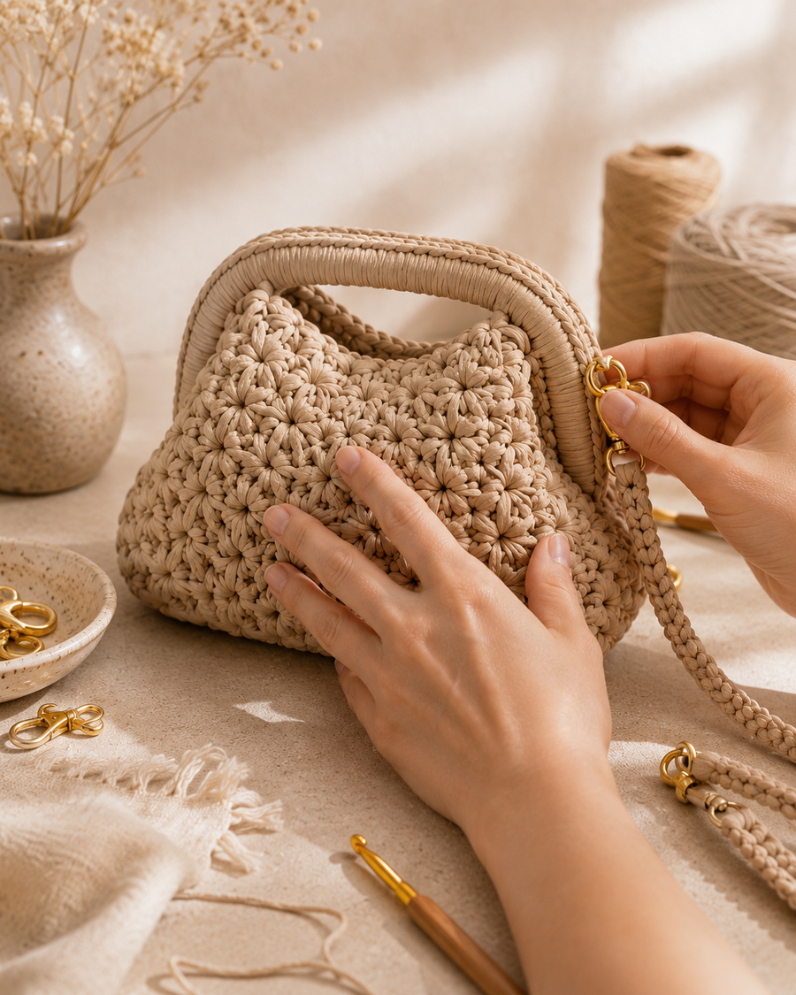 Controllo finale di texture e finiture su una borsa artigianale Niu Bags