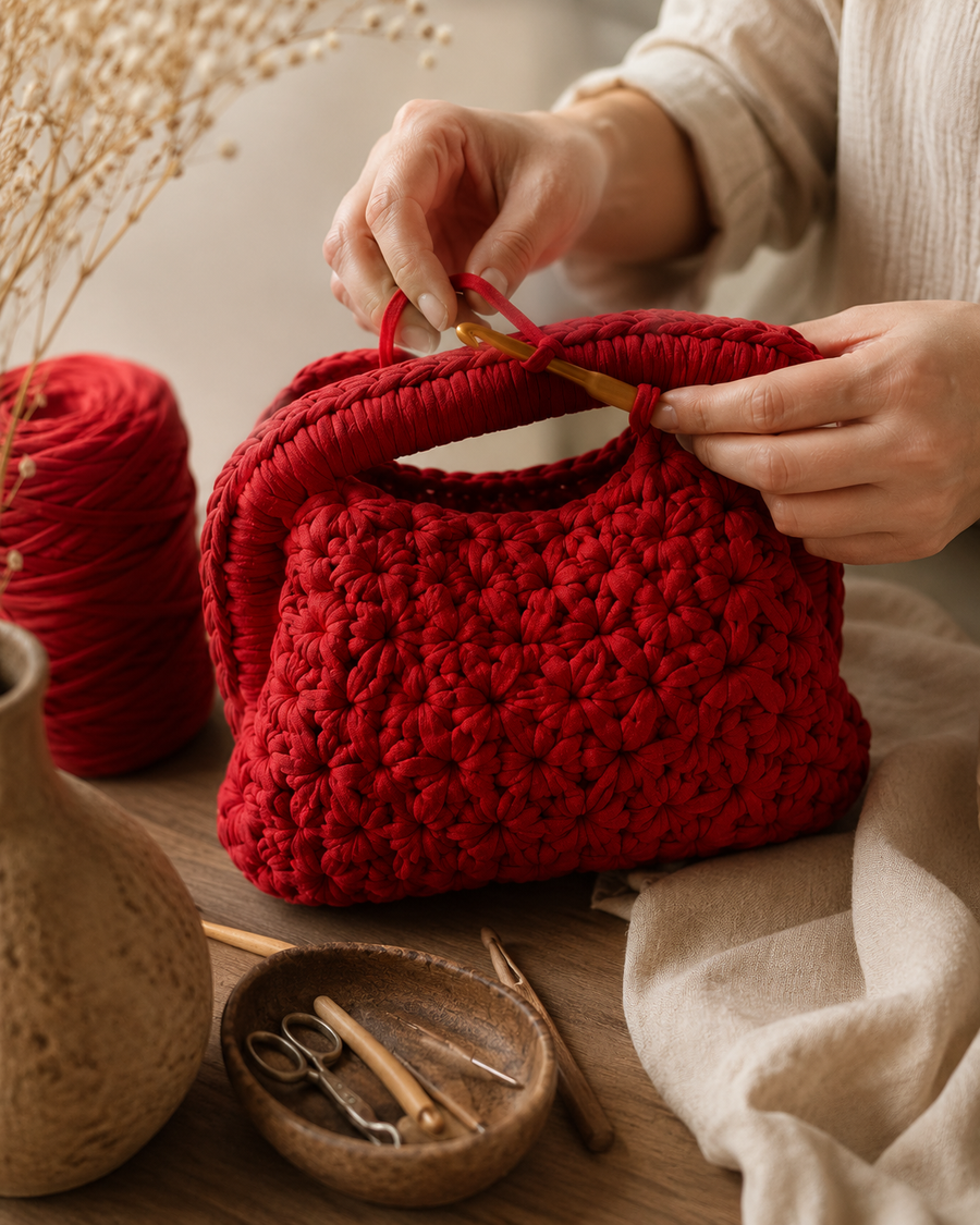 Costruzione del punto all’uncinetto durante la lavorazione di una borsa Niu Bags